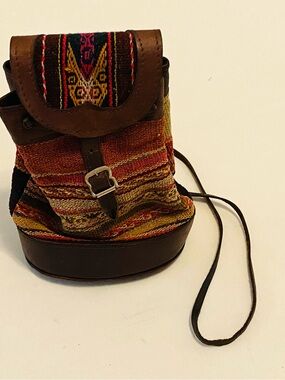 Hand Crafted Boho Woven Cotton & Leather Crossbody Bucket Purse, Multicolor.